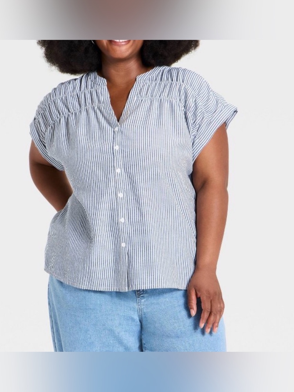 Button-Front Short Sleeve Stripe Top - Blue/White